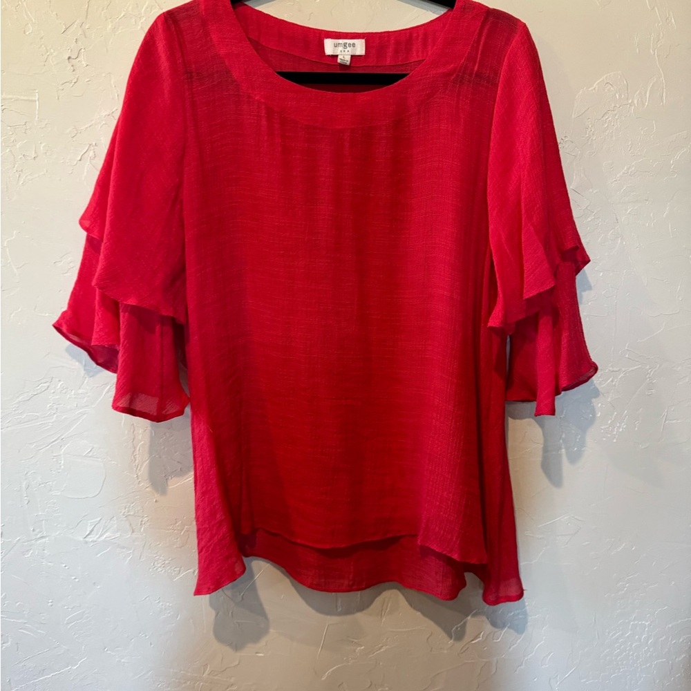 Umgee Pink Blouse with Ruffled Sleeves and Flowy Fit